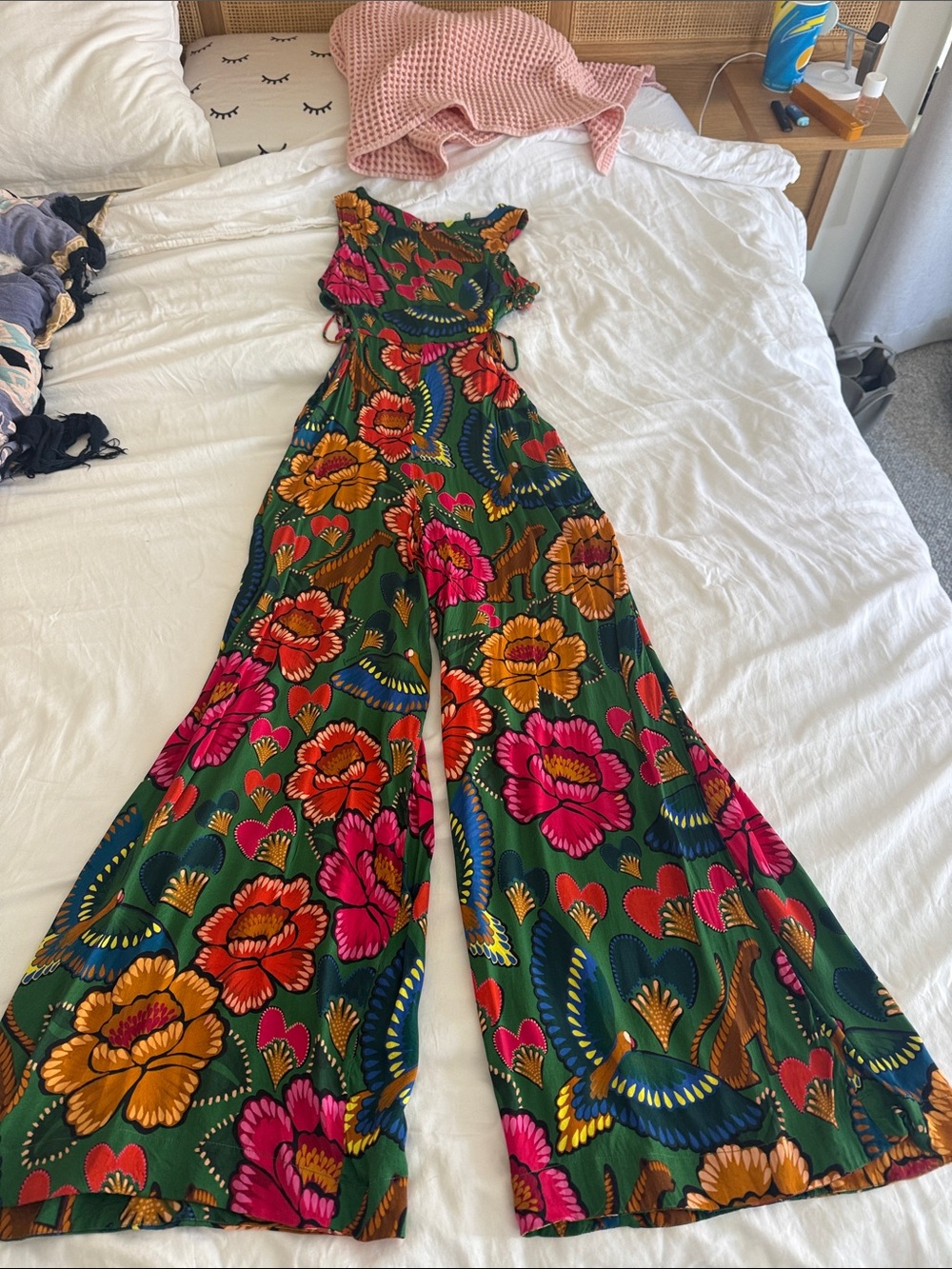 FARM Rio Green Floral Wide-Leg Jumpsuit with Pink & Yellow Blooms